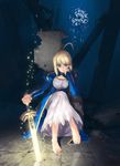  ahoge artoria_pendragon_(all) barefoot blonde_hair excalibur fate/stay_night fate_(series) glowing glowing_sword glowing_weapon green_eyes itachi_(3dt) ruins saber sitting sword weapon 