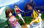  absurdres antenna_hair blue_eyes blue_hair brown_eyes brown_hair casual clannad detexted fujibayashi_ryou furukawa_nagisa hair_bobbles hair_ornament highres ichinose_kotomi ikeda_kazumi long_hair looking_back multiple_girls non-web_source official_art parasol purple_eyes purple_hair short_hair shorts skirt skirt_lift thighhighs third-party_edit two_side_up umbrella 