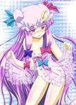  bespectacled blush bow glasses hat long_hair moon mukai panties patchouli_knowledge pink_bow purple_eyes purple_hair ribbon see-through solo touhou underwear 