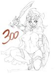  300 abs aspis breasts cape genderswap genderswap_(mtf) greyscale helm helmet hoplite kneeling large_breasts monochrome panties parody scar shield solo sword thighhighs tsuutenkaaku underwear weapon xiphos_(sword) 