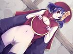  1girl capcom censored china_dress chinese_clothes cleavage_cutout dress dress_lift geung_si jiangshi lei_lei no_panties purple_hair pussy red_eyes short_hair solo vampire_(game) 