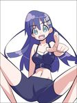  bad_id bad_pixiv_id bike_shorts blue_eyes fang kiyal long_hair midriff pointing purple_hair solo tengen_toppa_gurren_lagann tensugi_takashi 