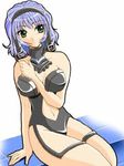  aqua_centolm artist_request bangs between_breasts blunt_bangs breasts green_eyes hairband hand_between_breasts leotard lowres midriff navel revealing_clothes short_hair silver_hair simple_background sitting solo stomach super_robot_wars super_robot_wars_mx thigh_strap white_background 
