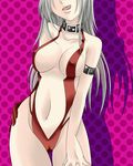  bare_shoulders breasts cameltoe cleavage collar covered_nipples final_fantasy final_fantasy_tactics hal_(goshujinomocha) head_out_of_frame large_breasts leotard long_hair naughty_face red_leotard silver_hair solo tongue tongue_out ultima_(fft) 