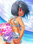 :d adjusting_clothes adjusting_swimsuit ass back beach bikini bikini_tan black_hair day fisheye hair_ornament hairclip halter_top halterneck hands happy hisasi innertube looking_at_viewer looking_back midriff ocean open_mouth original red_eyes short_hair short_twintails smile solo swimsuit tan tanline twintails 