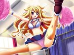  blonde_hair breasts cheer_moe cheerleader cleavage kimegasa_kiyomi kneepits long_hair medium_breasts non-web_source panties pantyshot pom_poms purple_eyes solo split thighhighs underwear wristband 