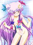  bespectacled bow glasses hat lingerie long_hair mukai panties patchouli_knowledge pink_bow purple_hair ribbon solo topless touhou underwear 
