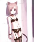  animal_ears bell bell_collar brown_hair cat_ears collar garter_belt nyaou original panties pink_eyes short_hair solo tail thighhighs underwear 