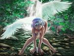  angel_wings ashibe_ryou barefoot bent_over blue_hair breasts copyright_request dryad feet green_eyes grin hands large_breasts looking_at_viewer nature nude outdoors pointy_ears rock short_hair smile solo stream tree water waterfall wings 