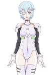  adapted_costume aiso_kai arms_at_sides ayanami_rei bandage_over_one_eye bandaged_head bandages bangs blue_eyes blue_hair blush bracer breasts cowboy_shot gloves groin hair_between_eyes highleg highleg_leotard legs_together leotard looking_at_viewer neon_genesis_evangelion number pale_skin parted_lips pilot_suit pink_lips plugsuit short_hair simple_background small_breasts solo standing thigh_gap thighhighs turtleneck white_background white_legwear white_leotard 