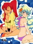  2girls absurdres anklet barefoot bikini blush breasts charamel cleavage feet highres indian_style jewelry long_hair medium_breasts multiple_girls nakamura_shouko nia_teppelin official_art one_eye_closed ponytail purple_bikini red_hair scan sitting small_breasts smile swimsuit tengen_toppa_gurren_lagann wariza yellow_eyes yoko_littner 