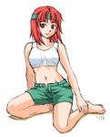  advance_wars barefoot bra domino_(advanced_wars) feet full_body headband kneeling lingerie midriff navel open_fly red_eyes red_hair seiza shadow shirawaki short_hair shorts signature simple_background sitting sketch smile solo sports_bra underwear unzipped white_bra 