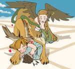  1boy 2girls artist_request blush braid breast_smother breasts brown_hair clothed_male_nude_female cloud copyright_request day desert feathered_wings heart hug long_hair lowres medium_breasts monster_girl multiple_girls nipples non-web_source nude o_o short_hair single_braid sky snake_tail sphinx tail tongue undressing wings 
