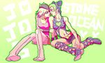  artist_request bare_shoulders belt blue_eyes boots double_bun genderswap genderswap_(mtf) hat jojo_no_kimyou_na_bouken kuujou_jolyne midriff multicolored_hair multiple_girls narciso_anasui navel short_hair sitting skirt stone_ocean tattoo wristband yuri 