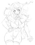  angry bikini blush breasts copyright_request detached_sleeves greyscale large_breasts long_hair monochrome outline solo sweat swimsuit thighhighs tsuutenkaaku 