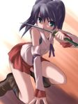  blue_eyes blue_hair boots copyright_request highres koku licking skirt solo sword tongue wakizashi weapon 