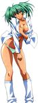 absurdres ahoge breasts cleavage dress_shirt earrings green_eyes green_hair green_panties head_tilt highres ikkitousen ikkitousen_great_guardians jewelry large_breasts long_image loose_socks magatama magatama_earrings open_clothes open_shirt panties rin-sin ryofu_housen shirt socks solo stick_poster tall_image twintails underwear 