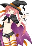  artist_request cape copyright_request ghost halloween hat jack-o'-lantern naked_cape one_eye_closed pumpkin ribbon shorts solo thigh_gap thighhighs tight topless white_background witch_hat 