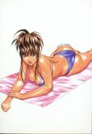  2000 artist_name ass bangs bikini blue_bikini blue_eyes breasts brown_hair cleavage copyright_request fingernails highres inoue_takuya large_breasts lips lying on_stomach parted_lips scan shiny shiny_skin sidelocks simple_background solo swimsuit towel 
