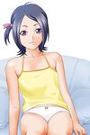  bad_id bad_pixiv_id blue_hair camisole collarbone flat_chest hair_ribbon halterneck kaminogi_haruka noein panties purple_eyes ranmaru ribbon short_hair sitting solo underwear 