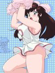  1girl arms_up ass bare_shoulders black_eyes blood blush bouncing_breasts bow breasts brown_hair cheerleader hair_ornament kuonji_ukyo kuonji_ukyou large_breasts legs long_hair looking_at_viewer mage_(artist) nosebleed open_mouth panties pink_panties ranma_1/2 saotome_ranma sitting skirt skirt_lift standing thighs underwear upskirt 