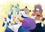  =_= glomp hat hitsujin hug kochiya_sanae moriya_suwako multiple_girls tackle touhou yasaka_kanako 