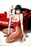  bare_shoulders black_eyes black_hair breasts car collar copyright_request covered_nipples curvy earrings ground_vehicle high_heels highres inoue_takuya jewelry large_breasts leotard long_hair mclaren mclaren_f1 model motor_vehicle one-piece_swimsuit pantyhose race_queen red_leotard shiny shoes skin_tight solo squatting swimsuit umbrella 