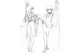  ass bottomless copyright_request greyscale haimura_kiyotaka monochrome multiple_girls no_panties sketch 