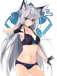  1girl animal_ears armpits azur_lane bangs black_gloves blue_eyes bra breasts collarbone commentary_request cowboy_shot eyebrows_visible_through_hair gloves groin hand_up kawakaze_(azur_lane) long_hair medium_breasts navel panties purple_bra purple_panties ribbon-trimmed_bra ribbon-trimmed_panties shirokitsune sidelocks silver_hair solo stomach underwear underwear_only very_long_hair 