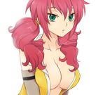  breasts cleavage feldt_grace green_eyes gundam gundam_00 large_breasts lowres open_clothes open_shirt pink_hair plum_(arch) shirt solo twintails upper_body 