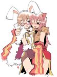  animal_ears artist_request blush bunny_ears cape crotch_grab fox_ears fur glasses high_wizard multiple_girls professor_(ragnarok_online) ragnarok_online yuri 