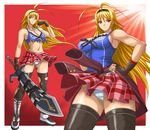  antenna_hair bad_id bad_pixiv_id blonde_hair breasts chousen_(ikkitousen) hairband ibanen ikkitousen ikkitousen_shining_dragon large_breasts long_hair muscle panties plaid plaid_skirt skirt sword thighhighs torn_clothes torn_legwear underwear weapon white_panties 