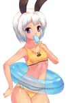  animal_ears bikini blue_eyes bunny_ears flat_chest food hips innertube monk_(syugyousou) original popsicle short_hair solo sports_bikini swimsuit toned white_background white_hair 