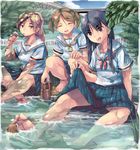  barefoot blue_hair brown_hair copyright_request feet knucklecurve long_hair multiple_girls otter short_hair skirt smile spread_legs teeth water wet wet_clothes 