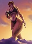  2018 anthro big_breasts big_muscles bikini breasts brown_fur brown_hair cleavage clothed clothing cougar digital_media_(artwork) felid feline female fur hair holding_object looking_aside mammal muscular orange_eyes sky slit_pupils solo sunset swimsuit thundercats thundercats_2011 toughset walking water wet 