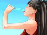  aqua_background bare_shoulders black_hair blue_eyes face fate/stay_night fate_(series) food fukurou hands licking long_hair popsicle profile saliva sexually_suggestive simple_background solo sweat tongue tongue_out toosaka_rin upper_body 