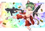  1girl 2019 animal_ears bell breasts budget_sarashi cat_ears cat_tail collar dual_wielding fang flip-flops green_eyes green_hair groin gun hase_yu holding imi_uzi jingle_bell kriss_vector navel open_mouth original revealing_clothes sandals sarashi shell_casing short_hair small_breasts smile solo submachine_gun tail trigger_discipline weapon 