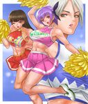  abs ayane_(doa) bad_id bad_pixiv_id breasts brown_hair cheerleader christie_(doa) dead_or_alive headband ibanen large_breasts lei_fang long_hair midriff multiple_girls muscle no_socks one_eye_closed pom_poms purple_hair short_hair skirt 