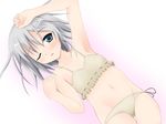  armpits bra green_eyes lingerie lowleg lowleg_panties narumi_yuu_(imitmoon) navel one_eye_closed panties sanya_v_litvyak short_hair side-tie_panties silver_hair solo strike_witches underwear underwear_only world_witches_series 