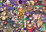  6+girls character_request copyright_request everyone food halloween hat highres horns invisible_man jack-o'-lantern kokuko_(tsukiyotake) monster multiple_boys multiple_girls pointy_ears pumpkin sweets top_hat witch_hat 