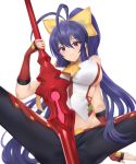 1girl blazblue blazblue:_central_fiction blue_hair breasts ei1han gloves highres holding holding_spear holding_weapon large_breasts looking_at_viewer mai_natsume polearm purple_eyes smile solo spear weapon 