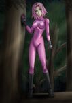  artist_request bodysuit cameltoe green_eyes haruno_sakura latex naruto naruto_(series) naruto_shippuuden navel pink_bodysuit pink_hair solo 