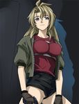  blonde_hair gloves gun handgun haruyama_kazunori long_hair madlax madlax_(character) no_panties purple_eyes shorts sig_sauer sig_sauer_p210 solo weapon 