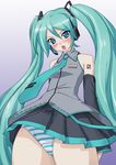  aqua_hair blue_eyes blush detached_sleeves flat_chest hatsune_miku long_hair necktie okiyumi_kase panties pantyshot solo striped striped_panties tears twintails underwear vocaloid 