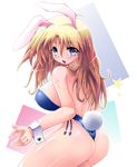  animal_ears ass bare_legs blonde_hair blue_eyes blue_leotard blush breasts bunny_ears bunny_girl bunny_tail bunnysuit copyright_request huge_breasts leotard scatter_milk sideboob solo tail thong_leotard wrist_cuffs 