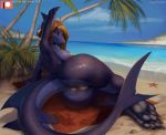  2019 4_toes anthro anus beach bedroom_eyes blonde_hair breasts butt claws detailed_background feet female fish hair half-closed_eyes looking_at_viewer lying marine nipples nude on_side orange_eyes outside patreon presenting presenting_hindquarters pussy raised_arm seaside seductive shark smile solo toes totesfleisch8 water wet 