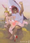  1girl animal_ears blonde_hair braid bunny_ears cosplay duke_tougou golgo_13 high_heels lingerie panties shark shoes single_shoe spanked spanking taiiku_suwari tears thong underwear what 