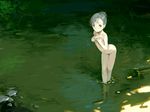  bent_over blue_eyes blue_hair copyright_request covering covering_breasts haimura_kiyotaka highres nude river short_hair skinny_dipping solo water 