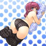  ass back breasts dd_(ijigendd) feet looking_back medium_breasts original panties pillow pillow_hug pink_hair polka_dot purple_eyes sideboob soles solo striped striped_legwear striped_panties thighhighs topless underwear 