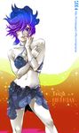  blue_eyes blush breasts chitose_(love_strip) cleavage jewelry jojo_no_kimyou_na_bouken lipstick makeup medium_breasts midriff multicolored_hair navel ring skirt solo trish_una vento_aureo 